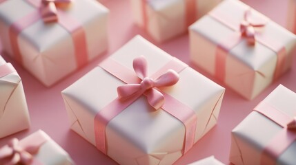 Wall Mural - Closeup of gifts with pink ribbon bows on pink background.