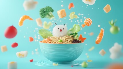 Sticker - A whimsical bowl of noodles with colorful toppings and a cute rice character.