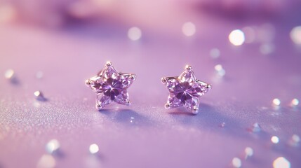 Sticker - A pair of star-shaped earrings with purple gemstones on a softly lit background.