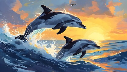 Bottlenose dolphin leaping above ocean waves under a stunning sunset or sunrise backdrop