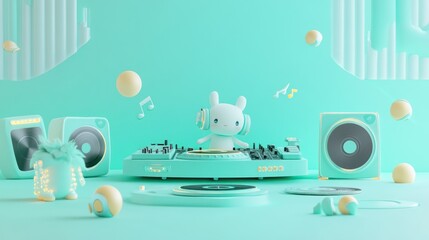 Poster - A whimsical DJ setup featuring a cute character in a vibrant, mint-green environment.