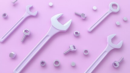 Poster - A collection of stylized tools scattered on a pink background, emphasizing repair and mechanics.