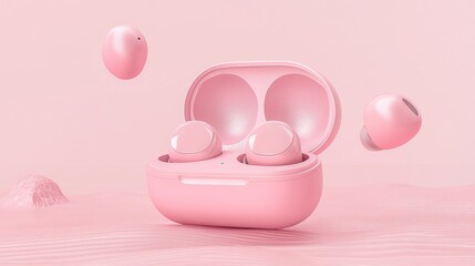 Wall Mural - Pink wireless earbuds with a charging case in a soft, minimalist setting.