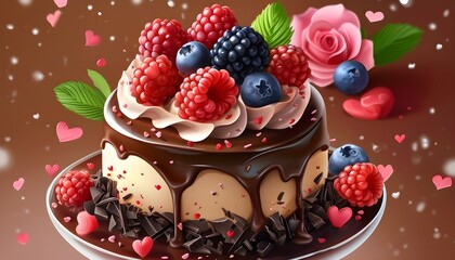 Wall Mural - Indulgent chocolate cake adorned with fresh berries, perfect for a romantic celebration and sweet dreams on Valentines Day