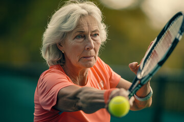 Senior woman enjoying a game of tennis outdoors