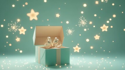 Wall Mural - A beautifully wrapped gift box with a bow, surrounded by sparkling stars and snowflakes.