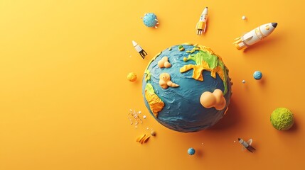 Poster - A colorful globe surrounded by rockets and planets, symbolizing exploration and discovery.