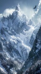 Wall Mural - Majestic Snowy Mountain Peak with Eagle in Flight