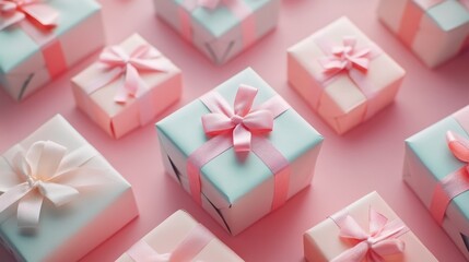 Pastel pink and blue gift boxes with pink ribbons on pink background.