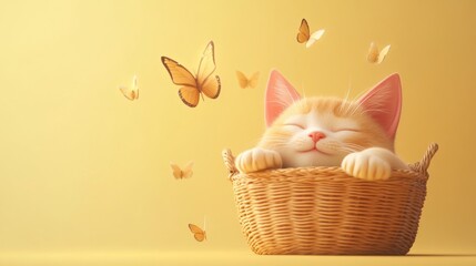 Sticker - A peaceful orange cat sleeping in a basket, surrounded by floating butterflies.