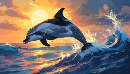 Poster - Bottlenose dolphin leaping above ocean waves under a stunning sunset or sunrise backdrop