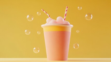 Wall Mural - A colorful cup with pink frothy drink and straws, surrounded by bubbles.