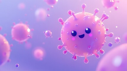 A cute, cartoonish virus character with a smiling face, surrounded by similar virus-like shapes.