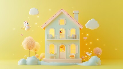 Canvas Print - A whimsical pastel house with trees and clouds, evoking a playful, cheerful atmosphere.