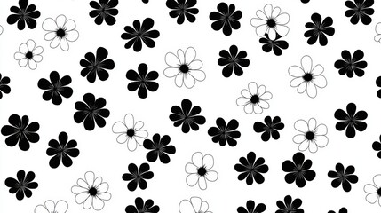 Wall Mural - Seamless pattern of black and white flowers on white background.