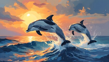 Poster - Bottlenose dolphin leaping above ocean waves under a stunning sunset or sunrise backdrop