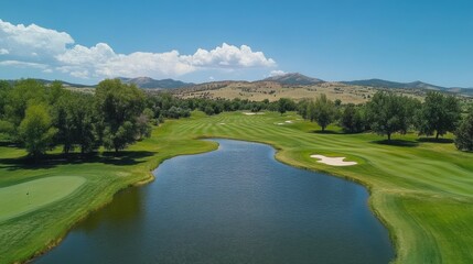 Poster - A golf course with a winding pond and mountain backdrop.