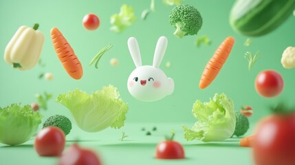 Sticker - A playful scene with a cute bunny and various colorful vegetables in a vibrant setting.