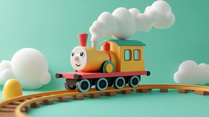 Canvas Print - A colorful toy train on a track with clouds and a playful atmosphere.