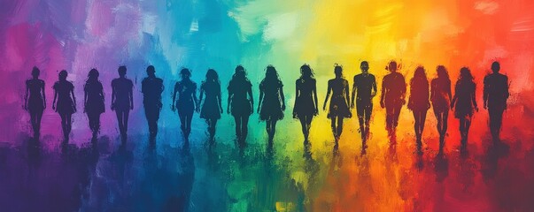 Silhouettes of women walking in front of a rainbow colored background.