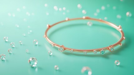 Canvas Print - A delicate rose gold bracelet adorned with sparkling gems on a turquoise background.