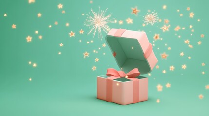 Poster - A festive gift box opens with sparkles and stars, evoking a sense of celebration and surprise.