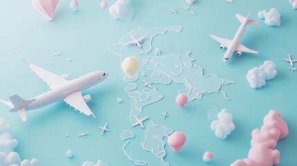 Canvas Print - A whimsical illustration of airplanes, clouds, and balloons over a stylized map.