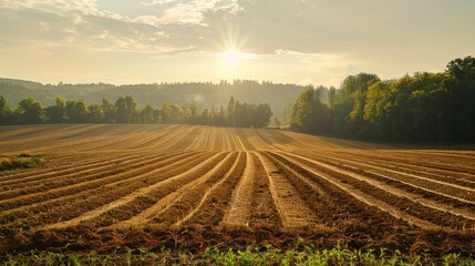 Agricultural field with forest backdrop in morning light rural landscape with farming themes