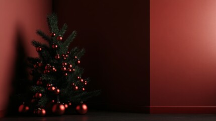 Sticker - A small christmas tree with red ornaments against a red wall.