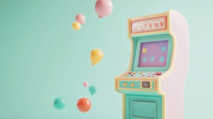 A colorful retro arcade game machine with floating balloons in a playful setting.