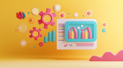 Wall Mural - A colorful 3D display featuring gears and graphs, symbolizing technology and creativity.