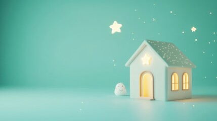 Poster - A whimsical, glowing house with stars against a teal background, evoking a cozy atmosphere.