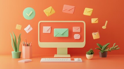 Sticker - A colorful digital workspace with a computer, emails, and plants on an orange background.