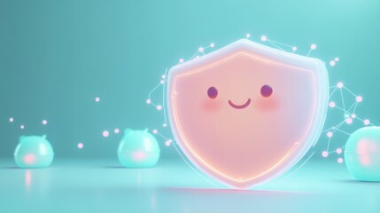 Sticker - A cheerful, glowing shield character surrounded by playful, soft shapes in a bright setting.