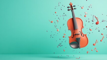 Wall Mural - A vibrant orange violin surrounded by floating musical notes against a teal background.