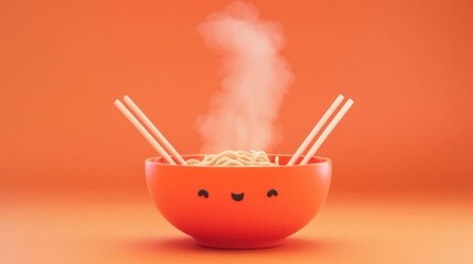 A cheerful bowl of steaming noodles with chopsticks against an orange background.