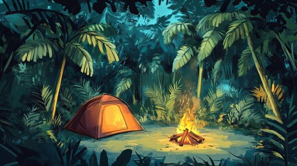 Wall Mural - A campsite nestled deep within a lush jungle.