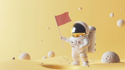 Canvas Print - A whimsical astronaut holds a red flag on a sandy, celestial landscape with floating stars.