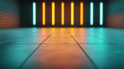 Futuristic product showcase with reflective tiled floor and striking orange-teal neon lights creating dynamic atmosphere for merchandise display