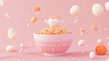 Sticker - A whimsical bowl of noodles with a cheerful character and floating mushrooms on a pink background.