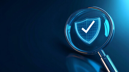 Leinwandbilder - Searching for online safety: magnifying glass focused on cyber security shield with checkmark symbol in cyberspace