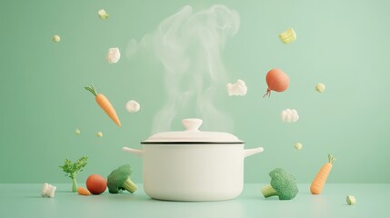 Canvas Print - A steaming pot surrounded by various fresh vegetables, emphasizing cooking and healthy eating.