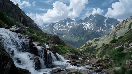 Poster - Cascade in the backdrop of the amazing panorama of mountainous terrain