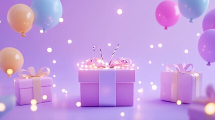 Canvas Print - A festive scene featuring colorful balloons and beautifully wrapped gifts with sparkling lights.