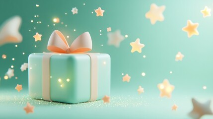 Canvas Print - A whimsical gift box adorned with a bow, surrounded by floating stars and sparkles.