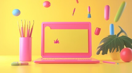 Poster - A vibrant workspace featuring a pink laptop, colorful stationery, and playful decor elements.