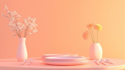 Wall Mural - A serene table setting with plates and vases of flowers against a soft gradient background.