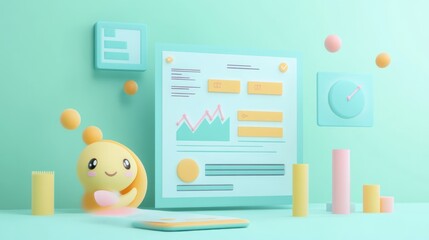 A cute, animated character interacts with colorful data visualizations and charts.