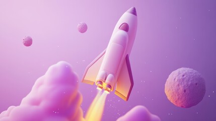 Wall Mural - a colorful rocket launching into space surrounded by clouds and celestial bodies.