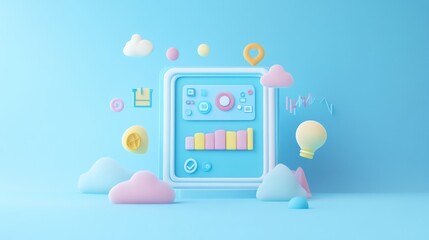 Canvas Print - A colorful 3D illustration featuring data visualization elements in a playful environment.